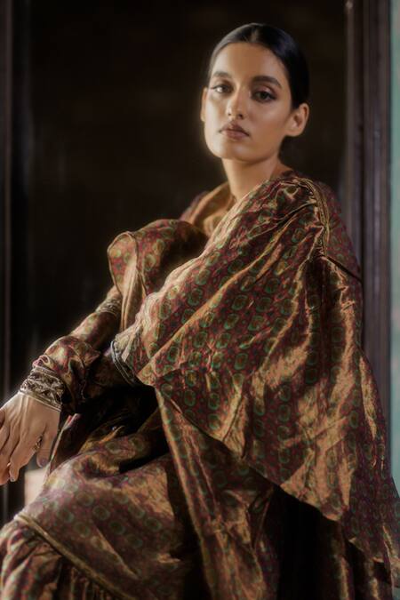Shop_Mimamsaa_Yellow Tissue Silk Woven Floral Motifs Lili Ruffle Saree _Online_at_Aza_Fashions