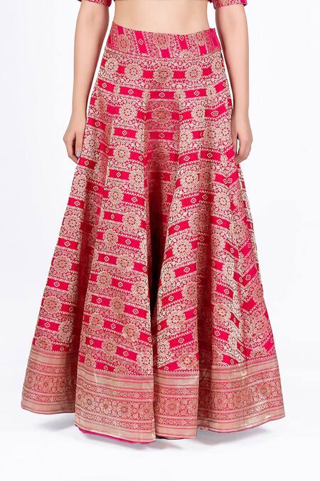 Shop_Mimamsaa_Pink Jamawar Satin Silk-brocade Woven Floral Motifs V Leela Bridal Lehenga Set_Online_at_Aza_Fashions