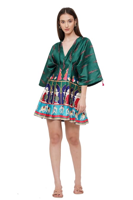 Limerick By Abirr N' Nanki_Green Elephant And Floral V Neck Mimosa Draped Dress _Online_at_Aza_Fashions