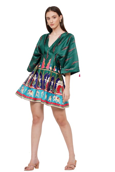 Buy_Limerick By Abirr N' Nanki_Green Elephant And Floral V Neck Mimosa Draped Dress _Online_at_Aza_Fashions