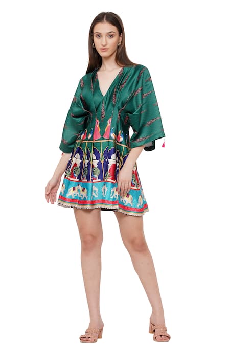 Shop_Limerick By Abirr N' Nanki_Green Elephant And Floral V Neck Mimosa Draped Dress _Online_at_Aza_Fashions