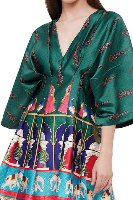 Limerick By Abirr N' Nanki_Green Elephant And Floral V Neck Mimosa Draped Dress _at_Aza_Fashions