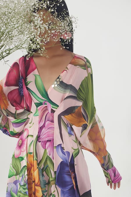 Limerick By Abirr N' Nanki_Pink Organza, Crepe V Neck Printed Dress_Online_at_Aza_Fashions