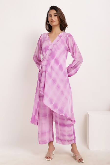 Ranng Label_Purple Natural Crepe Tie-dye V Neck Tie Dye Tunic And Palazzo Set _Online_at_Aza_Fashions