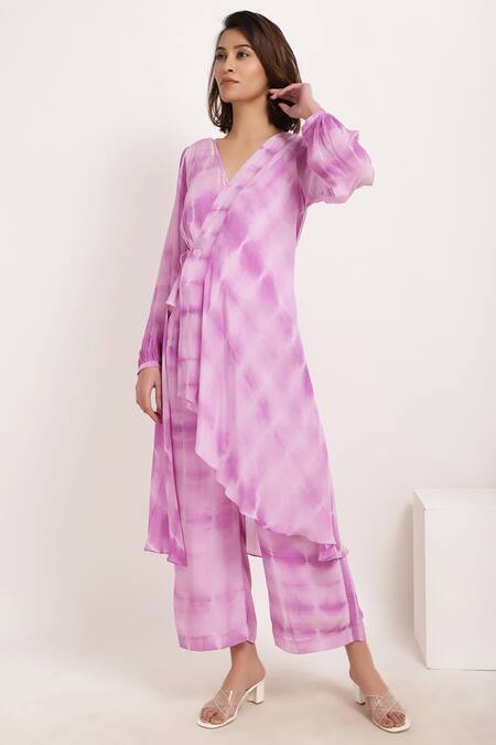 Shop_Ranng Label_Purple Natural Crepe Tie-dye V Neck Tie Dye Tunic And Palazzo Set _Online_at_Aza_Fashions