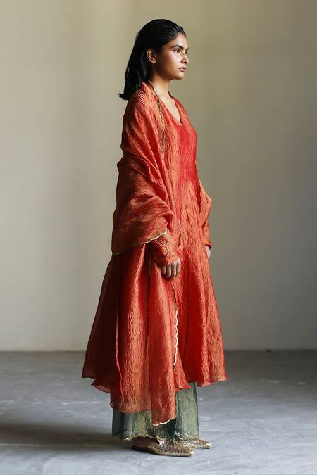 Mimamsaa_Orange Tissue Silk Sequins, Textured V Neck Andreia Anarkali Set_Online_at_Aza_Fashions