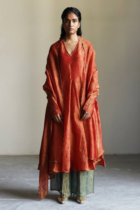 Buy_Mimamsaa_Orange Tissue Silk Sequins, Textured V Neck Andreia Anarkali Set_Online_at_Aza_Fashions