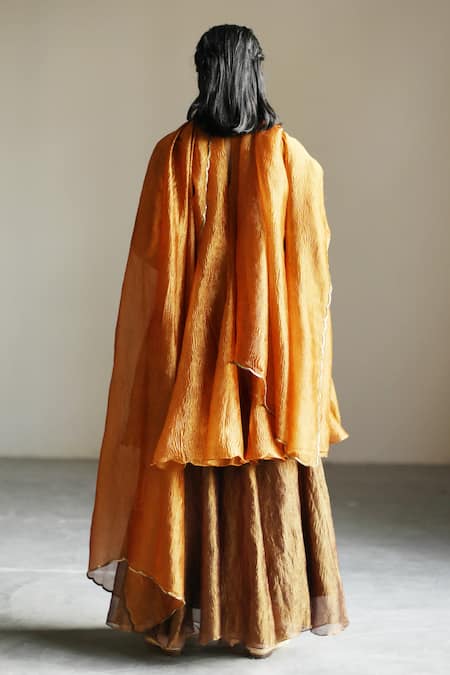 Shop Mimamsaa Orange Tissue Silk Sequins, Textured High Neck Archangel Anarkali Set at Aza Fashions Shop_Mimamsaa_Orange Tissue Silk Sequins, Textured High Neck Archangel Anarkali Set _at_Aza_Fashions