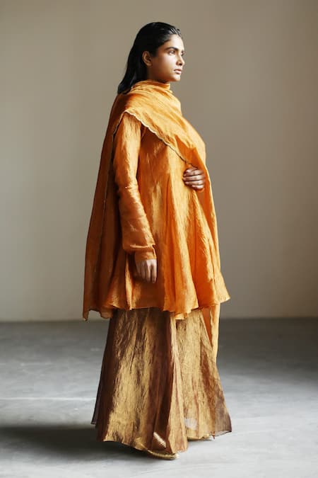 Mimamsaa Orange Tissue Silk Sequins, Textured High Neck Archangel Anarkali Set Online at Aza Fashions Mimamsaa_Orange Tissue Silk Sequins, Textured High Neck Archangel Anarkali Set _Online_at_Aza_Fashions