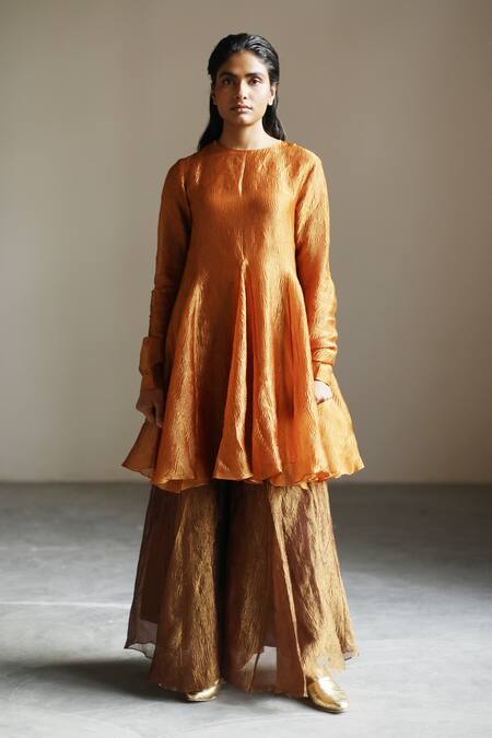 Buy Mimamsaa Orange Tissue Silk Sequins, Textured High Neck Archangel Anarkali Set Online at Aza Fashions Buy_Mimamsaa_Orange Tissue Silk Sequins, Textured High Neck Archangel Anarkali Set _Online_at_Aza_Fashions