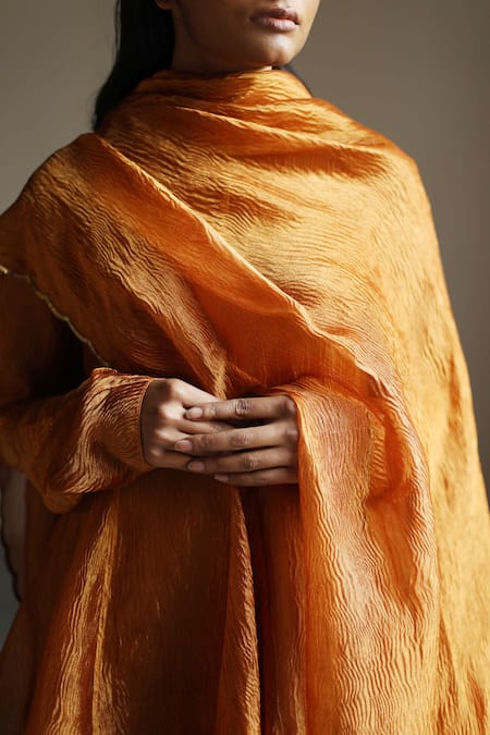 Shop Mimamsaa Orange Tissue Silk Sequins, Textured High Neck Archangel Anarkali Set Online at Aza Fashions Shop_Mimamsaa_Orange Tissue Silk Sequins, Textured High Neck Archangel Anarkali Set _Online_at_Aza_Fashions