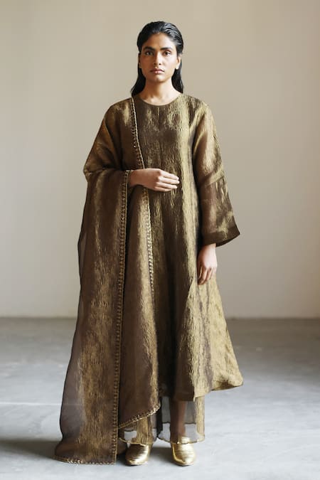 Mimamsaa Brown Tissue Silk Woven Textured Round Martha Kurta Set  