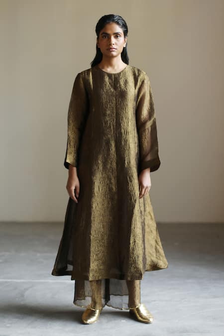 Buy_Mimamsaa_Brown Tissue Silk Woven Textured Round Martha Kurta Set  _Online_at_Aza_Fashions