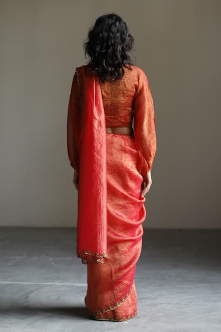 Shop_Mimamsaa_Red Tissue Silk Woven Textured High Neck Ursula Puff Sleeve Blouse_at_Aza_Fashions