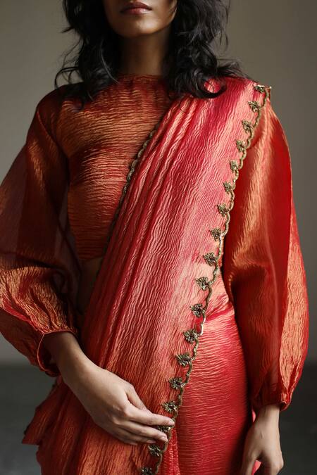 Mimamsaa_Red Tissue Silk Woven Textured High Neck Ursula Puff Sleeve Blouse_at_Aza_Fashions