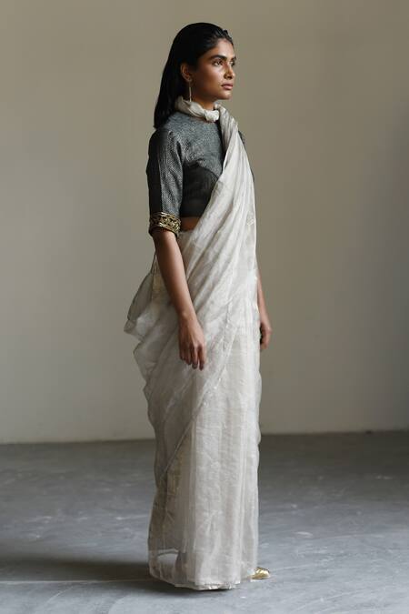 Mimamsaa_Silver Tissue Silk Woven Textured High Neck Julia Saree With Blouse _Online_at_Aza_Fashions
