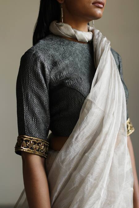 Shop_Mimamsaa_Silver Tissue Silk Woven Textured High Neck Julia Saree With Blouse _Online_at_Aza_Fashions