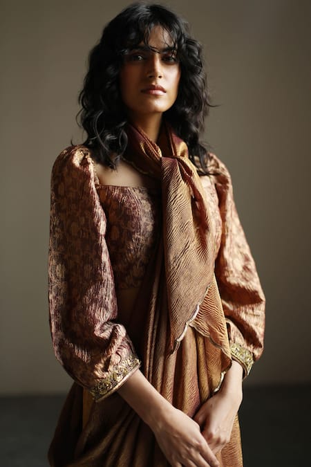 Shop_Mimamsaa_Brown Tissue Silk Woven And Sequins Olivia Scallop Hem Textured Saree _Online_at_Aza_Fashions