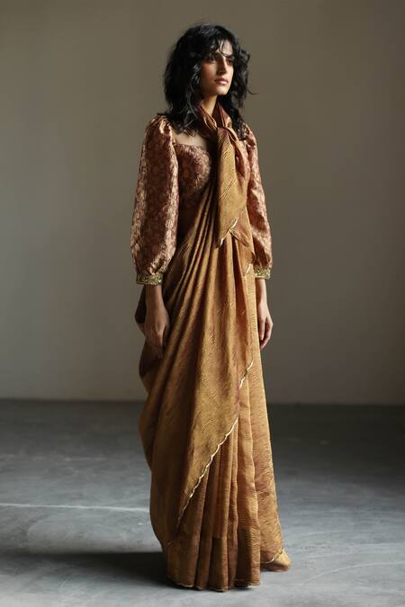 Shop_Mimamsaa_Brown Tissue Silk Woven Textured Square Neck Olivia Puff Sleeve Blouse_Online_at_Aza_Fashions