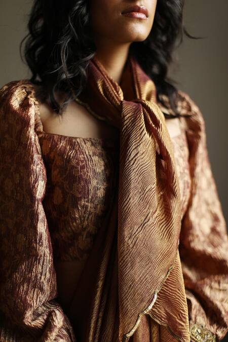 Mimamsaa_Brown Tissue Silk Woven Textured Square Neck Olivia Puff Sleeve Blouse_at_Aza_Fashions