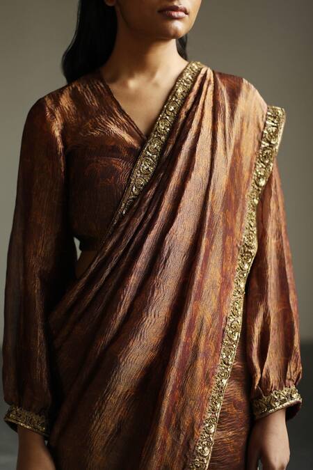 Shop_Mimamsaa_Brown Tissue Silk And Sequins Francisca Woven Saree_Online_at_Aza_Fashions