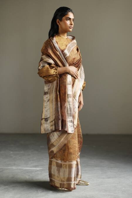 Mimamsaa_Brown Tissue Silk "embroidered Abstract Textured Yanah Woven Saree _Online_at_Aza_Fashions
