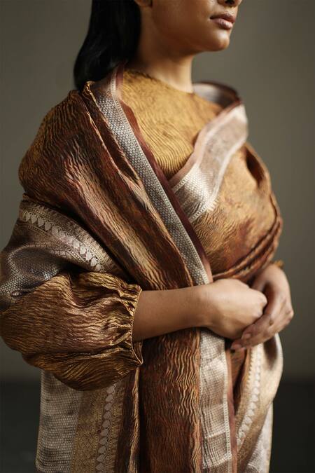 Buy_Mimamsaa_Brown Tissue Silk "embroidered Abstract Textured Yanah Woven Saree _Online_at_Aza_Fashions