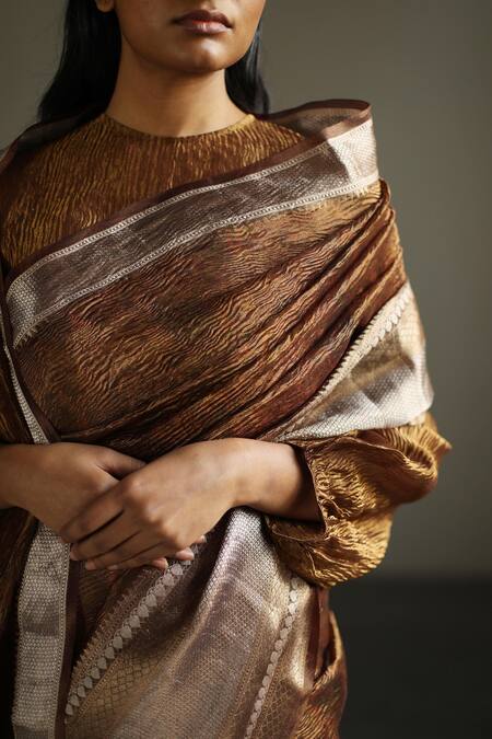 Shop_Mimamsaa_Brown Tissue Silk "embroidered Abstract Textured Yanah Woven Saree _Online_at_Aza_Fashions