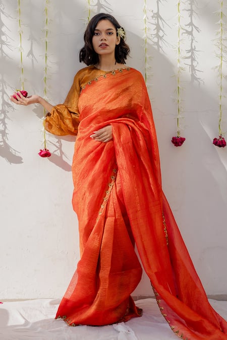 Mimamsaa Orange Tissue Silk Embroidered And Woven Sequin Motifs Round Saree  