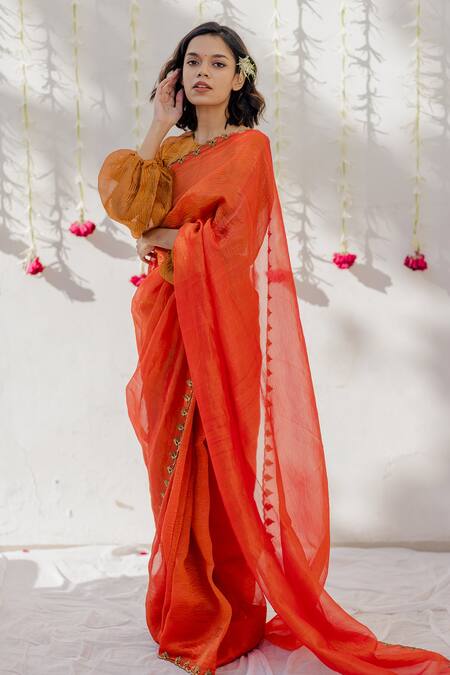 Buy_Mimamsaa_Orange Tissue Silk Embroidered And Woven Sequin Motifs Round Saree _Online_at_Aza_Fashions