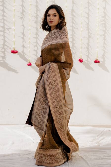 Mimamsaa_Green Tissue Silk Embroidered Saree _Online_at_Aza_Fashions