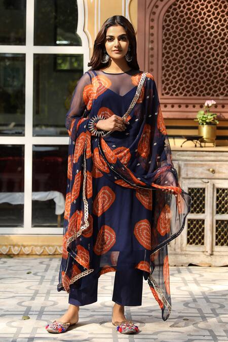 Gulabo Jaipur_Blue Cotton, Georgette Bandhani Boat Minal Print Kurta Set_Online_at_Aza_Fashions