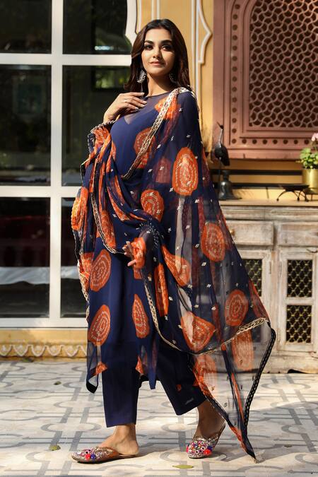 Buy_Gulabo Jaipur_Blue Cotton, Georgette Bandhani Boat Minal Print Kurta Set_Online_at_Aza_Fashions
