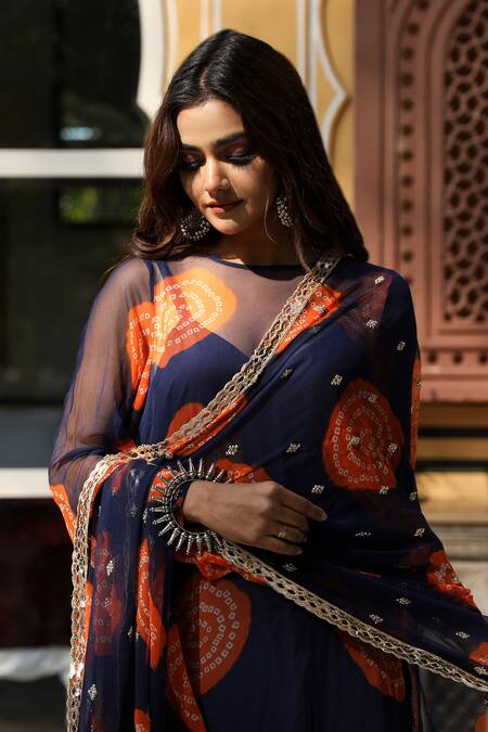 Gulabo Jaipur_Blue Cotton, Georgette Bandhani Boat Minal Print Kurta Set_at_Aza_Fashions