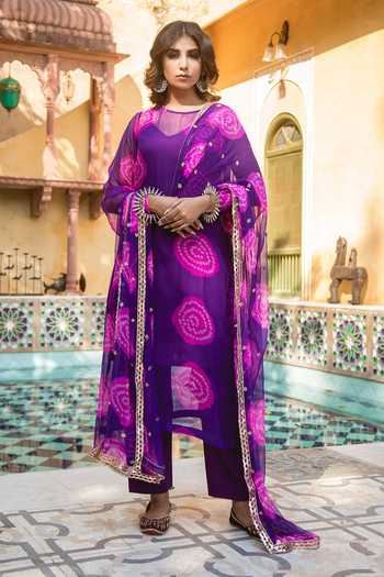 Gulabo Jaipur_Purple Cotton, Georgette Bandhani Boat Minal Print Kurta Set_Online_at_Aza_Fashions