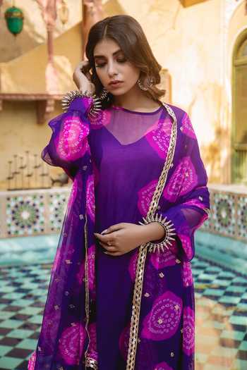 Buy_Gulabo Jaipur_Purple Cotton, Georgette Bandhani Boat Minal Print Kurta Set_Online_at_Aza_Fashions