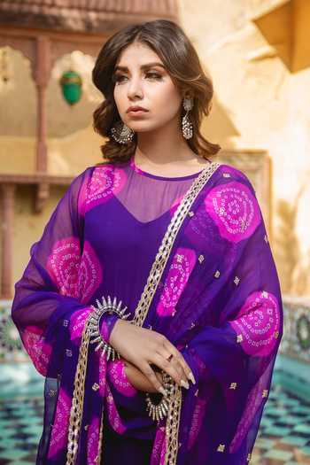 Gulabo Jaipur_Purple Cotton, Georgette Bandhani Boat Minal Print Kurta Set_at_Aza_Fashions