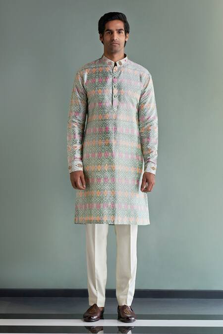 Qbik Multi Color Kurta Raw Silk Ikat Print Set 