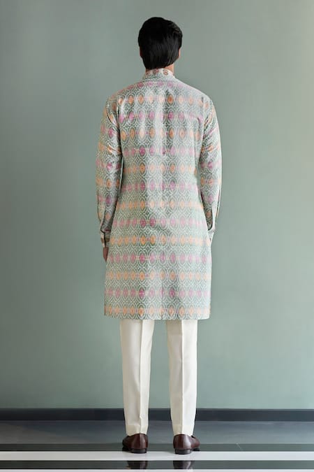 Shop_Qbik_Multi Color Kurta Raw Silk Ikat Print Set _at_Aza_Fashions