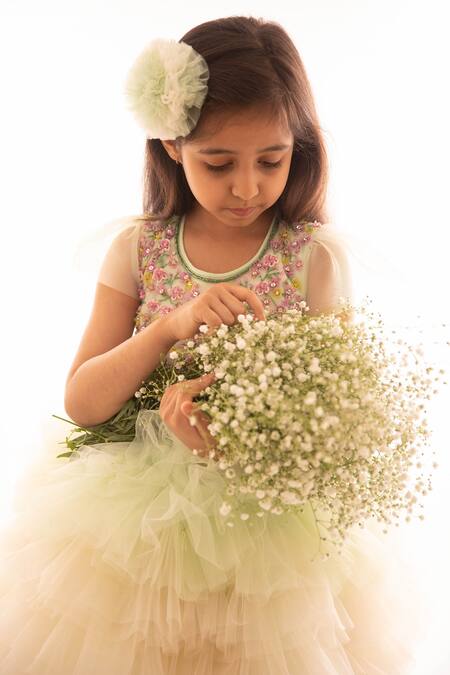 PA:Paa_Green Tulle Embroidered Dress_Online_at_Aza_Fashions