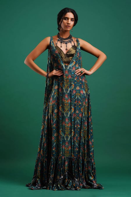 Gown : Dark green georgette embroidered party wear gown