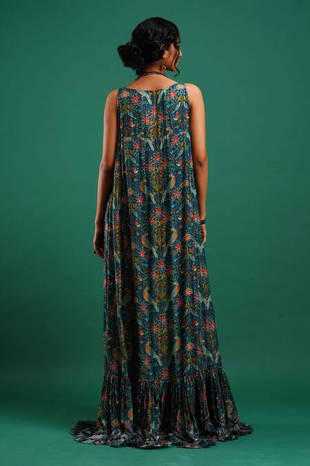 Shop Nidhi Yasha Multi Color Viscose Embroidery V Neck Printed Gown With Inner Top at Aza Fashions Shop_Nidhi Yasha_Multi Color Viscose Embroidery V Neck Printed Gown With Inner Top _at_Aza_Fashions