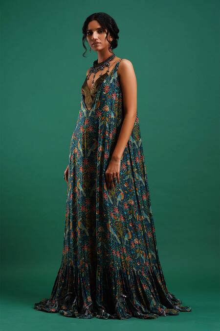 Nidhi Yasha Multi Color Viscose Embroidery V Neck Printed Gown With Inner Top Online at Aza Fashions Nidhi Yasha_Multi Color Viscose Embroidery V Neck Printed Gown With Inner Top _Online_at_Aza_Fashions