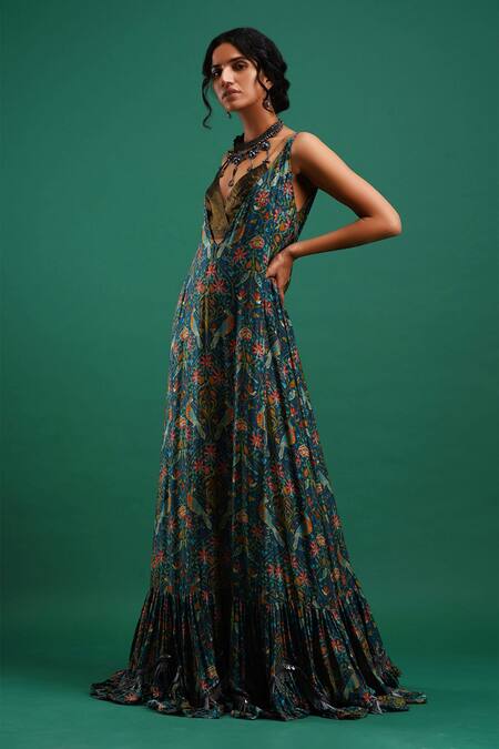 Buy Nidhi Yasha Multi Color Viscose Embroidery V Neck Printed Gown With Inner Top Online at Aza Fashions Buy_Nidhi Yasha_Multi Color Viscose Embroidery V Neck Printed Gown With Inner Top _Online_at_Aza_Fashions