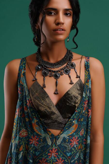 Shop Nidhi Yasha Multi Color Viscose Embroidery V Neck Printed Gown With Inner Top Online at Aza Fashions Shop_Nidhi Yasha_Multi Color Viscose Embroidery V Neck Printed Gown With Inner Top _Online_at_Aza_Fashions