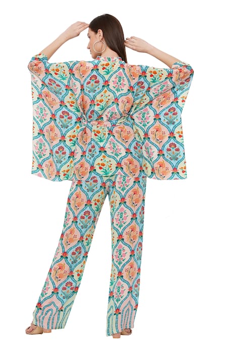 Shop Limerick By Abirr N' Nanki Blue Crepe Jaal And Floral Print Misa Pants at Aza Fashions Shop_Limerick By Abirr N' Nanki_Blue Crepe Jaal And Floral Print Misa Pants_at_Aza_Fashions