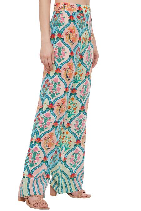 Shop Limerick By Abirr N' Nanki Blue Crepe Jaal And Floral Print Misa Pants Online at Aza Fashions Shop_Limerick By Abirr N' Nanki_Blue Crepe Jaal And Floral Print Misa Pants_Online_at_Aza_Fashions