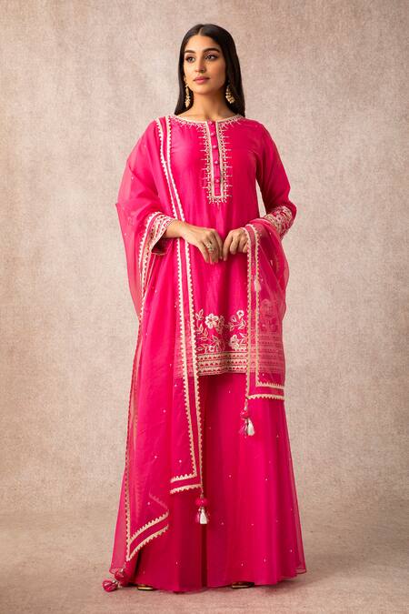 Ajiesh Oberoi_Pink Organza, Chanderi Round Kurta Gharara Set _Online_at_Aza_Fashions