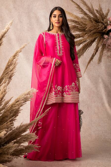 Buy_Ajiesh Oberoi_Pink Organza, Chanderi Round Kurta Gharara Set _Online_at_Aza_Fashions