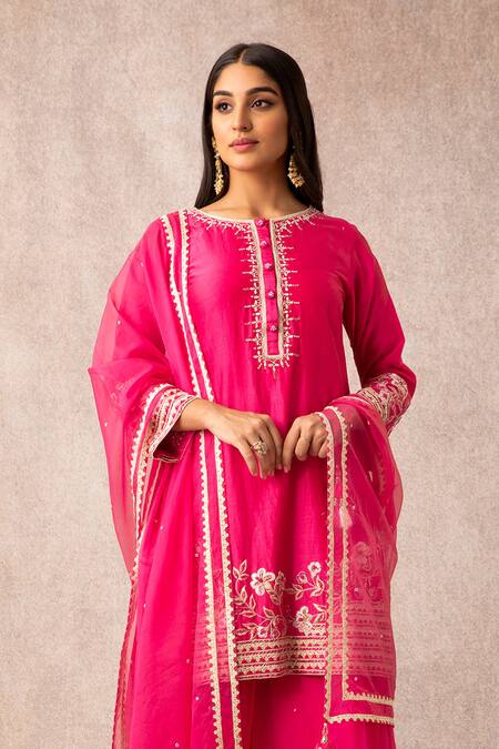 Shop_Ajiesh Oberoi_Pink Organza, Chanderi Round Kurta Gharara Set _Online_at_Aza_Fashions